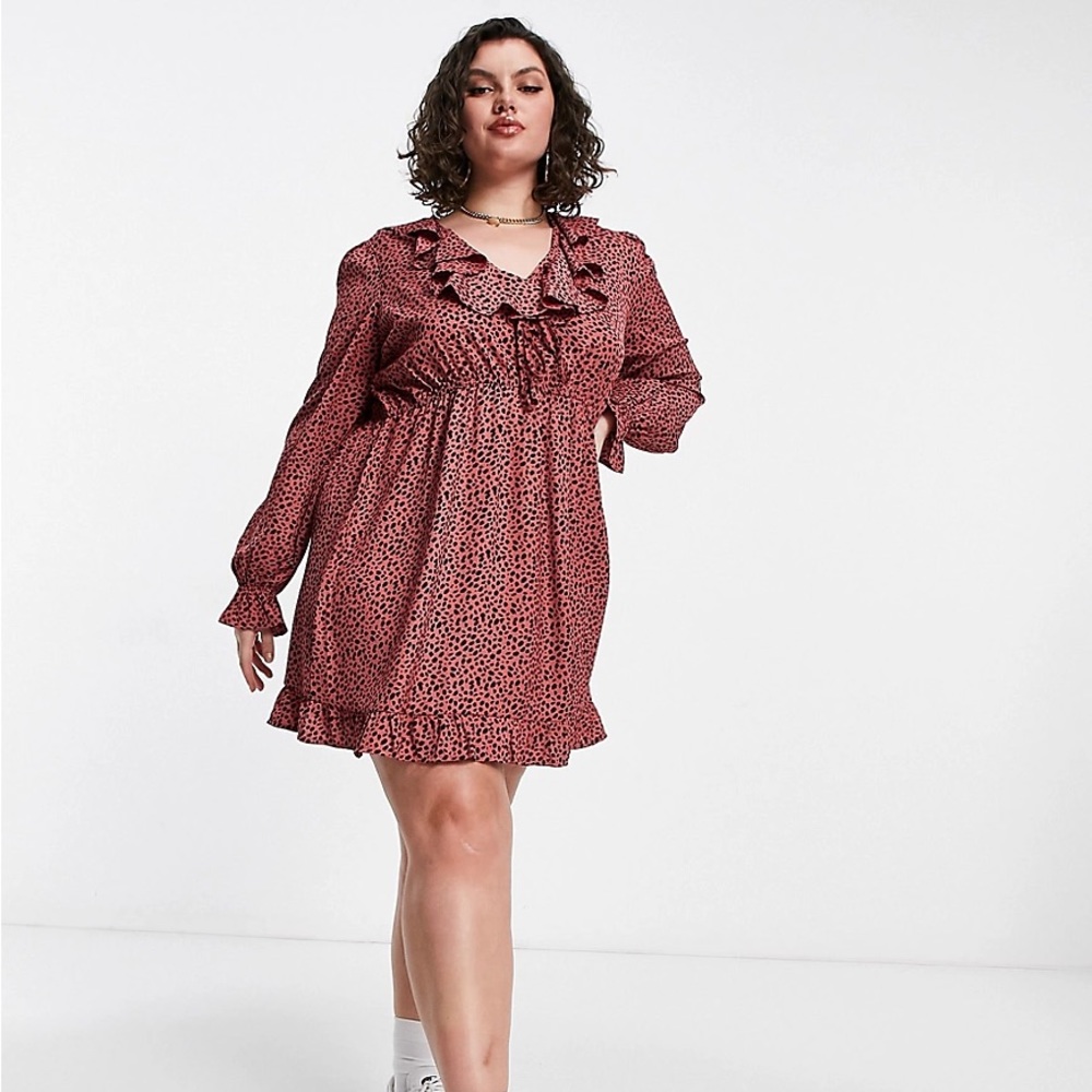 ASOS Yours frill detail mini tea dress in dark pink print
